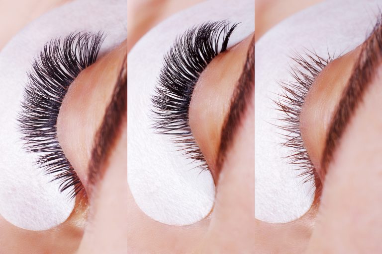 Eyelash Extension Procedure. Comparison of female eyes before and after